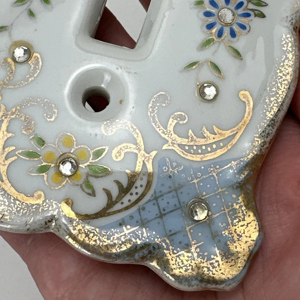 Vintage Lefton's Floral Rhinestones Porcelain Light Switch Plate Cover Blue 2685
